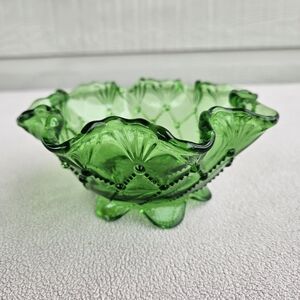 VTG Green Glass Small Candy Serving Bowl Scalloped Footed Ruffle Edge 6"